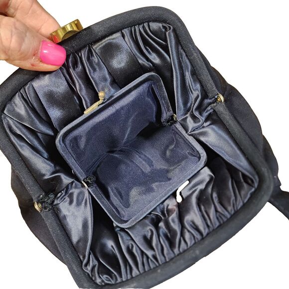 Vintage JR USA Julius Resnick Silk Blend Faille Navy Handbag Matching Coin Purse - Picture 6 of 16